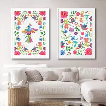 Цветочный постер на холсте Мексиканский художественный принт Печать Отоми Мексиканское вышитое искусство Картина на холсте Красочный узор Мексиканский народный стиль Без рамки 21*30cm No Frame