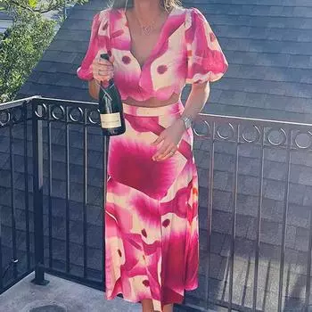 Цветочный принт длинные юбки костюмы женские сексуальные пышные рукава с глубоким вырезом короткие топы с высокой талией юбка с разрезом женские комплекты из 2 предметов L розовый