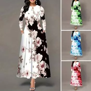 Цветочный принт Круглый вырез Трапеция Свободный подол Длинный рукав Мягкая плотная талия Полый цвет в тон Длина до щиколотки S чёрный