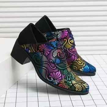 Цветочный принт Модные кожаные туфли Мужские туфли Свадебные туфли Туфли с горошком для вечеринки Банкетные туфли Модные мужские туфли на высоком каблуке Выпускное платье 38