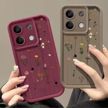 Цветочный принт однотонный защитный чехол для телефона Xiaomi 13T 11T Pro Poco F6 X6 Redmi Note 13 12 Pro 11 10 Цветочный противоударный матовый силиконовый мягкий чехол Xiaomi 13T / 13T Pro чёрный
