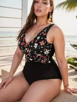 Цветочный принт плюс размер купальники женские 2025 большой цельный купальник женский V-образный вырез спинка пухлый большой купальный костюм плавание 0XL