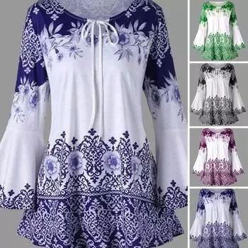 Цветочный принт, рукав-рог, трапециевидный силуэт, свободный подол, шнуровка, круглый вырез, облегающий крой, узкая талия L зелёный