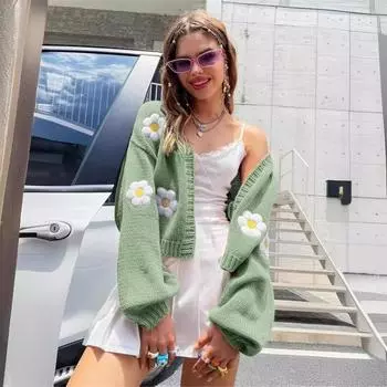 Цветочный принт свитера кардиган свободный фонарь длинный рукав V-образный вырез короткие вязаные свитера укороченный кардиган открытый спереди милый болеро осенний свитер S зелёный