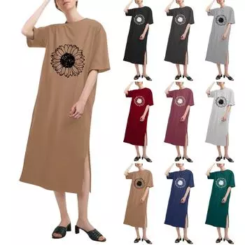 Цветочный принт свободная рубашка с коротким рукавом и круглым вырезом длинная модная повседневная рубашка платья M розовый