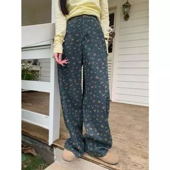 Цветочный принт свободные прямые джинсы женские джинсовые брюки с высокой талией длинные брюки y2k корейская одежда XS синий