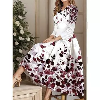 Цветочный принт V-образный вырез 9-точечный рукав Повседневные платья Big Swing Casual S