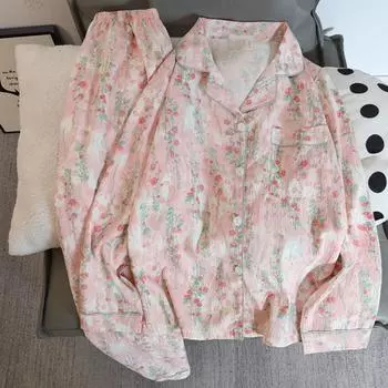 Цветочный принт Женская пижама из двух частей Топ с длинным рукавом и V-образным вырезом и штаны с эластичной резинкой на талии 2 предмета Женская одежда для сна Ночная одежда L