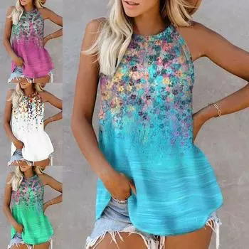 Цветочный принт женские летние безрукавки с круглым вырезом уличные повседневные майки S синий