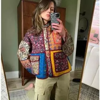 Цветочный принт Женские винтажные стеганые пальто с воротником-стойкой Стеганая куртка на пуговицах Хлопковая одежда Зимнее новое свободное пальто Женская одежда S