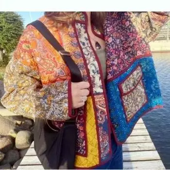 Цветочный принт Женские винтажные стеганые пальто с воротником-стойкой Стеганая куртка на пуговицах Хлопковая одежда Зимнее новое свободное пальто Женская одежда M