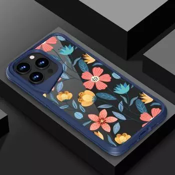 Цветочный прозрачный чехол для телефона для Iphone 15 14 Plus 13 Pro Max, противоударный тонкий гибридный акриловый чехол с мягкими краями iPhone 15 чёрный