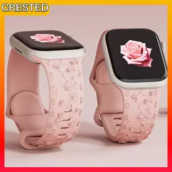 Цветочный ремешок для Apple Watch Ultra 2 49 мм 42 мм 44 мм 40 мм Силиконовый ремешок для iWatch 45 мм 41 мм Ремешок с гравировкой розы для iWatch Series 10 9 8 7 6 5 4 3 2 1 SE 38mm 40mm 41mm красный