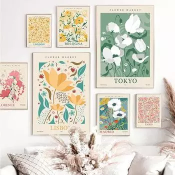 Цветочный рынок Плакат Печать Абстрактное Растение Настенное Искусство Париж Нью-Йорк Имя Холст Картина Гостиная Домашнее Украшение 20x30cm