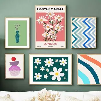 Цветочный рынок Радуга Кот Ромашка ваза геометрические постеры и принты настенная живопись на холсте для гостиной декоративные картины A4 21X30cm No Framed