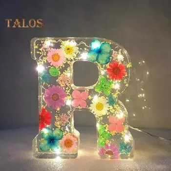 Цветочный смоляной ночник, прессованные цветы ручной работы в смоляных буквах, лампа, настольный декор, светящиеся цветочные буквы, подарок для мамы, жены C