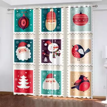 Цветочный стиль Рождественский занавес Украшение Мультфильм Санта занавеска Лось Снеговик Рождественская елка Узор W132cm x H160cm&Hook