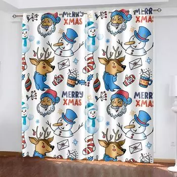 Цветочный стиль Рождественский занавес Украшение Мультфильм Санта занавеска Лось Снеговик Рождественская елка Узор W132cm x H160cm&Hook