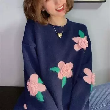 Цветочный свитер, женский осенне-зимний теплый свободный мягкий вязаный свитер, женский пуловер, свитера, топы One Size белый