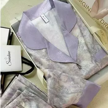 Цветочный твиловый принт, элегантные женские пижамы, весна-осень, комплекты из двух предметов, длинные женские пижамы, домашняя одежда из искусственного шелка M