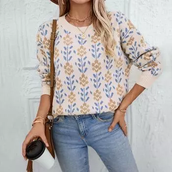 Цветочный вязаный свитер, женский круглый вырез, длинный рукав, пуловер, свободный повседневный трикотаж, теплая базовая рубашка в стиле Харадзюку для поездок на работу и на осень и зиму S верблюд