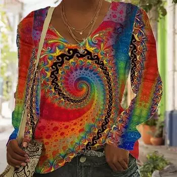 Цветочный Звездное Небо Алфавит Принт Женские Футболки Женские Топы Длинные Рукава V-образный Вырез Пуловер Femme Футболки Футболка Для Женщин XS красный