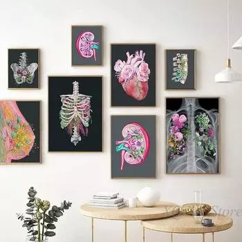 Цветок Анатомия человека Художественный принт Сердце Мозг Почка Матка Грудь Печень Легкие Скелет Щитовидная железа Горло Холст Картины и гравюры 21x30cm No Framed