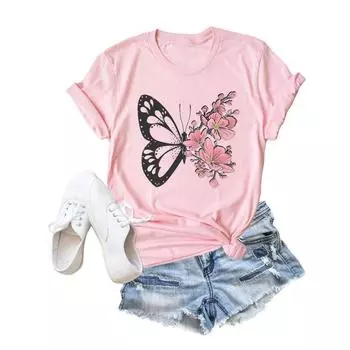 Цветок Бабочка Стиль Трендовая Одежда Модная Футболка Футболки с Мультяшным Рисунком Летняя Футболка Женская Леди Принт Повседневная Графическая Футболка 2XS