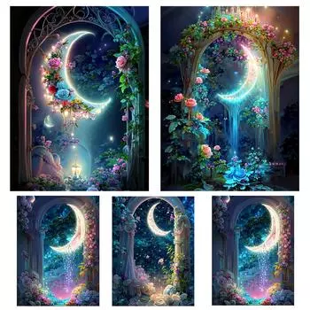 Цветок и Луна Алмазная Картина 5DDIY Новый 2024 Набор Ювелирных Изделий Вышивка Крестом Красивое Искусство Мозаика Украшение Дома Ремесло Подарок Full Round 20x30CM