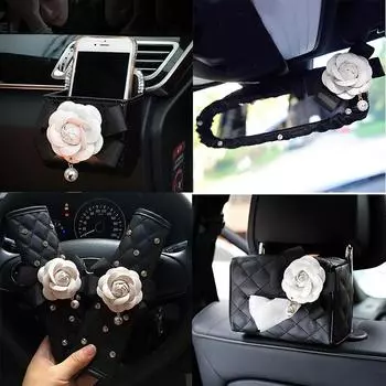 Цветок камелии Аксессуары для салона автомобиля Кристалл Кожаные автомобильные наплечники Сумка для ключей Коробка для салфеток Подлокотник Коврик Подвеска Крючки для зеркал