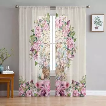 Цветок кролика акварель пасхальные фиолетовые тюлевые шторы для гостиной прозрачные занавески для спальни кухонные жалюзи вуаль шторы 135W x 114H(cm)