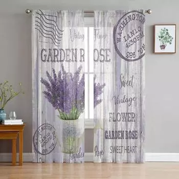 Цветок Лаванда Чайник Винтажная открытка Деревянные прозрачные шторы для гостиной Украшения оконные занавески для кухни Тюль Вуаль Шторы W135 x H115cm x1&Rod Pocket