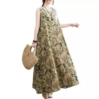 Цветок лето хлопок сладкий и выглядит весной свободный длинный свободный расслабленный штифтовый хлопок офис зеленый [синий берилл] Женское платье, длинное, без рукавов, с принтом, зелёный