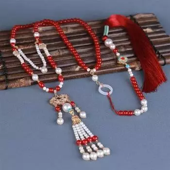 Цветок лотоса ханьфу жуйи кулон тан мин династия сун длинное ожерелье с кисточками китайское ожерелье для девочек красный