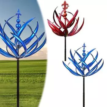 Цветок лотоса, ветровая вертушка, садовая металлическая ветряная мельница, вращение на 360 градусов, устойчивая к ультрафиолетовому излучению, двухслойная, большая ветровая вертушка, декор синий