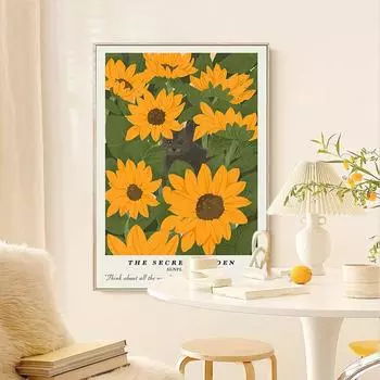 Цветок подсолнуха, настенное искусство, современный постер на скандинавскую тему и принты, холст, картина, оранжевый, ручная роспись, кот для гостиной, домашний декор 21x30cm No Frame