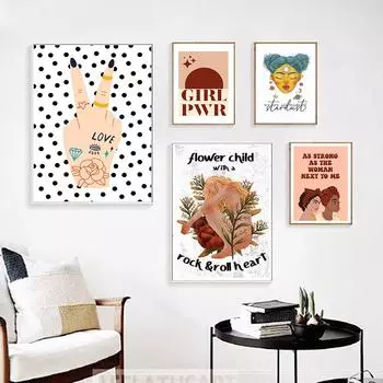 Цветок Ребенок Рок Ролл Сердце Печать Холст Феминистская Фигура Плакат Бохо Домашний Декор Стены Искусство Девушка Точка Татуировка Жест Руки Картина 21x30cm No Framed