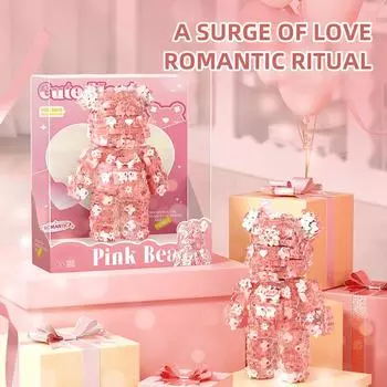 Цветок Розовый Медведь Строительные Блоки Светящиеся Частицы Сборка Модель Настольные Украшения Украшения Для Девочек Романтические Подарки Дети DIY Игрушки розовый/белый