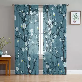 Цветок сакуры Абстрактная волна воды Тюлевые оконные шторы для гостиной из органзы, прозрачная вуаль, занавеска для спальни, кухни, домашний декор, драпировка W135 x H115cm x1