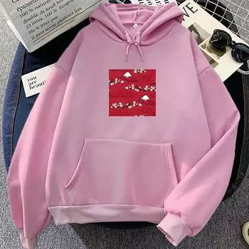 Цветок сакуры Японский Токио Графические толстовки Поп-модный свитшот Мультяшный принт Повседневная одежда Пуловеры Мягкий XS хаки