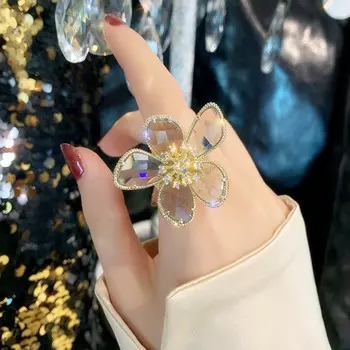 Цветок Стразы Кристалл Кубический Цирконий Подарки Для Женщин Ювелирные Изделия Кольца Перста Открытое Кольцо Аксессуары золотой