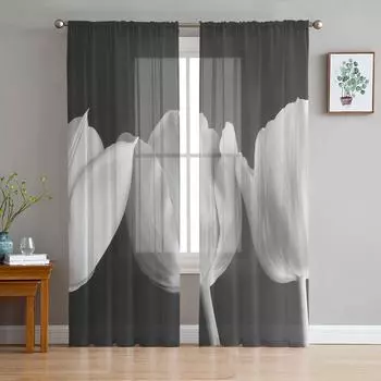 Цветок тюльпана черно-белые современные тюлевые шторы для гостиной спальни дома кухни окна прозрачные шторы 135W x 114H(cm)