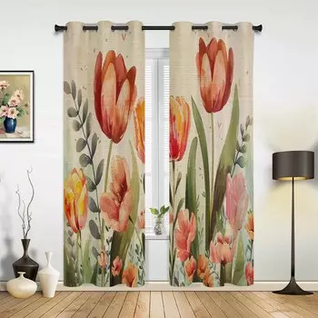 Цветок тюльпана Листья эвкалипта Оконные шторы для гостиной Роскошные шторы для спальни Кухонные жалюзи Шторы 135W x 60H(cm) x1