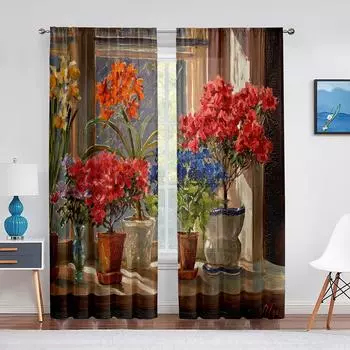 Цветок в вазе, прозрачная вуаль, занавеска с цветочным растением, картина маслом, оконные тюлевые шторы для украшения гостиной, спальни 1 PCS W100XH250cm&Rod Pocket