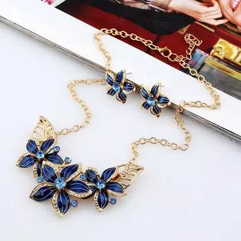 Цветок Женское Ожерелье Серьги Комплект Ювелирных Изделий Комплект Модных Стразов 2023 Подвеска Свадебный Банкет Шарм Женские Ювелирные Изделия синий