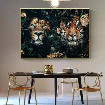 Цветок животное Лев Тигр Олень Леопард Абстрактная картина на холсте настенная живопись скандинавский принт плакат декоративная картина Декор в гостиную 20x30cm