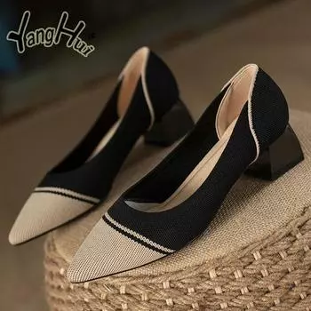 Цветовая гамма хлопчатобумажная ткань вязание небольшой аромат женская обувь 2024 новая мода повседневные бохо высокие каблуки женские туфли-лодочки 34