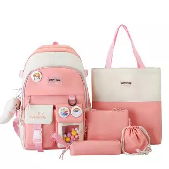 Цветовое сочетание школьного ранца маленькое и свежее, а школьный ранец из пяти предметов для кампуса имеет большую вместимость для начальной розовый