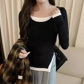 Цветовой контраст шикарная поддельная двухсекционная футболка с длинным рукавом женская новая осенне-зимняя облегающая универсальная облегающая нижняя часть верха S