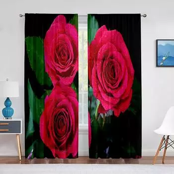 Цветущая красная роза, черный фон, прозрачные шторы для гостиной, спальни, кухни, шифоновые тюлевые шторы, домашний отель, кофейный декор 1 PCS W100XH250cm&Rod Pocket
